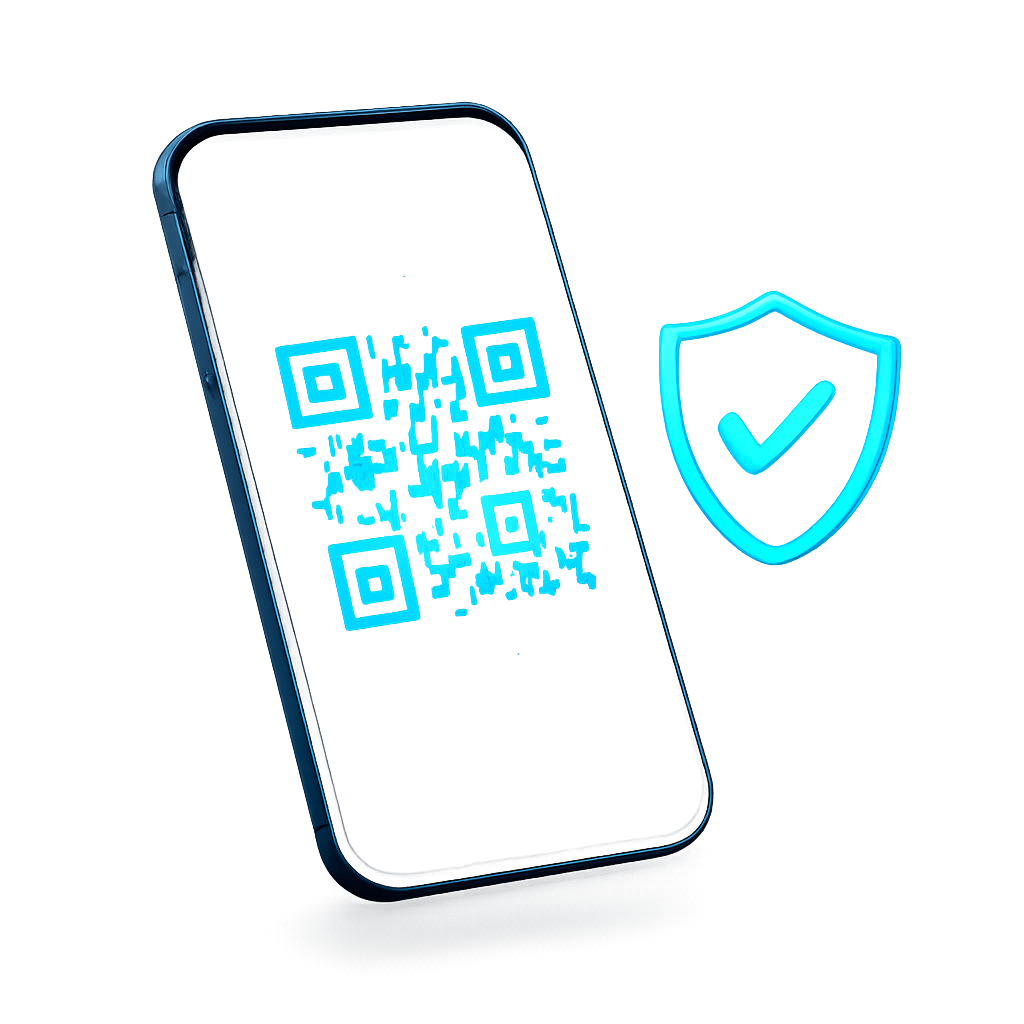Smartphone showing a glowing dynamic QR code beside a privacy shield
